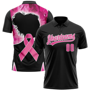 Custom Black Pink-White 3D Pink Ribbon Breast Cancer Awareness Month Women Health Care Support Performance Polo Shirt