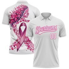 Load image into Gallery viewer, Custom White Pink 3D Pink Ribbon Breast Cancer Awareness Month Women Health Care Support Performance Polo Shirt
