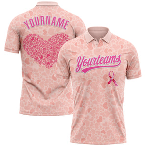 Custom Medium Pink Pink-White 3D Pink Ribbon Breast Cancer Awareness Month Women Health Care Support Performance Polo Shirt