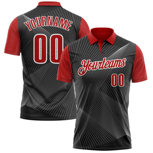 Custom Black Red-White 3D Bowling Line Performance Polo Shirt