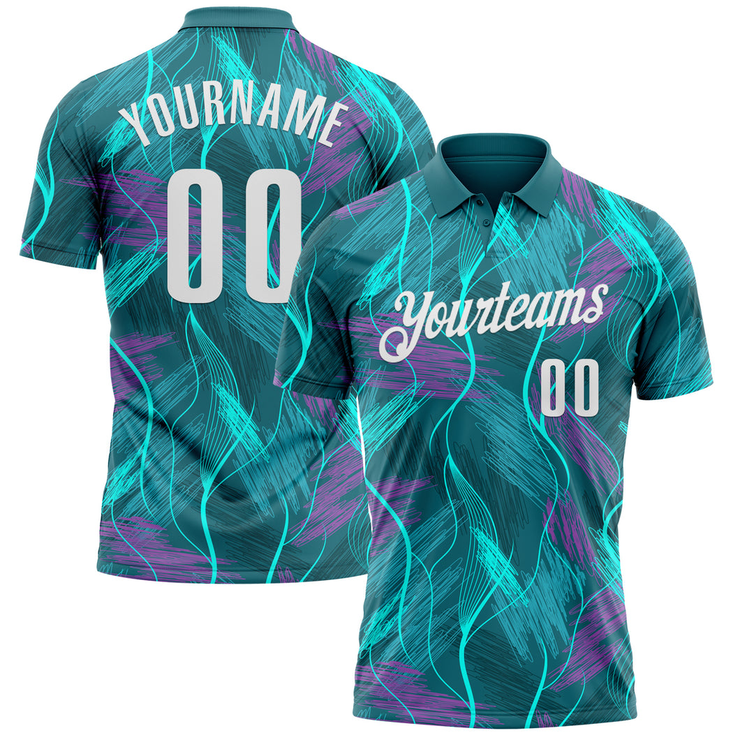 Custom Teal Medium Purple-White 3D Bowling Line Performance Polo Shirt