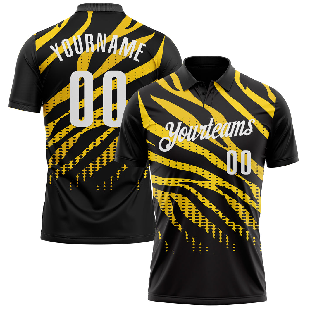 Custom Black Yellow-White 3D Bowling Dot Performance Polo Shirt