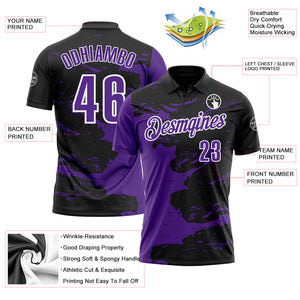 Custom Black Purple-White 3D Bowling Splash Ink Performance Polo Shirt