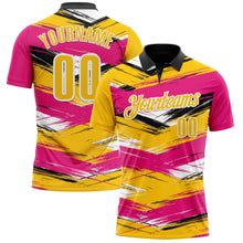 Загрузить изображение в средство просмотра галереи, Custom Hot Pink Yellow-Black 3D Bowling Abstract Grunge Art Performance Polo Shirt
