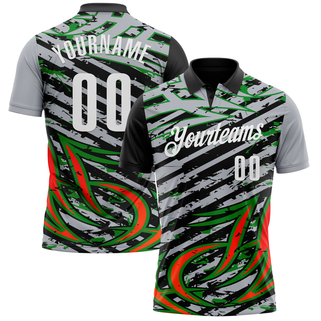 Custom Gray Black Red-Grass Green3D Bowling Line Performance Polo Shirt