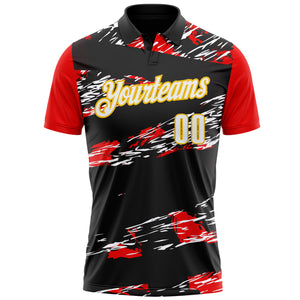 Custom Black Yellow-Red 3D Abstract Grunge Art Performance Polo Shirt