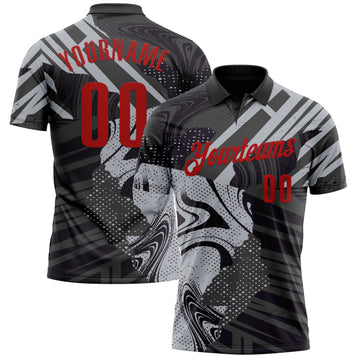 Custom Black Red-Gray 3D Bowling Abstract Grunge Art Performance Polo Shirt