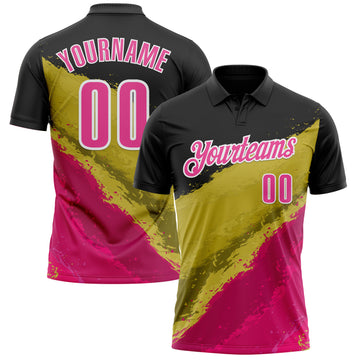 Custom Black Pink-Old Gold 3D Bowling Splash Ink Performance Polo Shirt