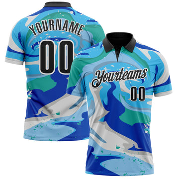 Custom Thunder Blue Black-Sky Blue 3D Bowling Splash Ink Performance Polo Shirt