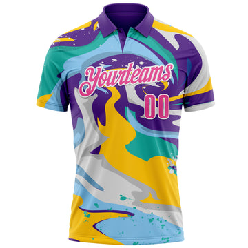 Custom Purple Pink Yellow-Aqua 3D Bowling Splash Ink Performance Polo Shirt