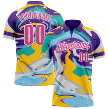 Load image into Gallery viewer, Custom Purple Pink Yellow-Aqua 3D Bowling Splash Ink Performance Polo Shirt
