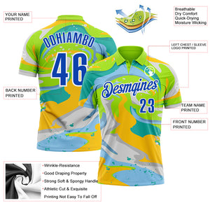 Custom Neon Green Thunder Blue Yellow-Aqua 3D Bowling Splash Ink Performance Polo Shirt