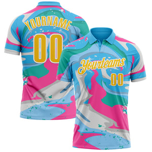 Custom Sky Blue Yellow Pink-Aqua 3D Bowling Splash Ink Performance Polo Shirt