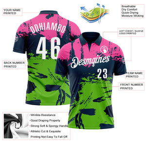 Custom Navy Pink-Aurora Green 3D Bowling Splash Ink Performance Polo Shirt