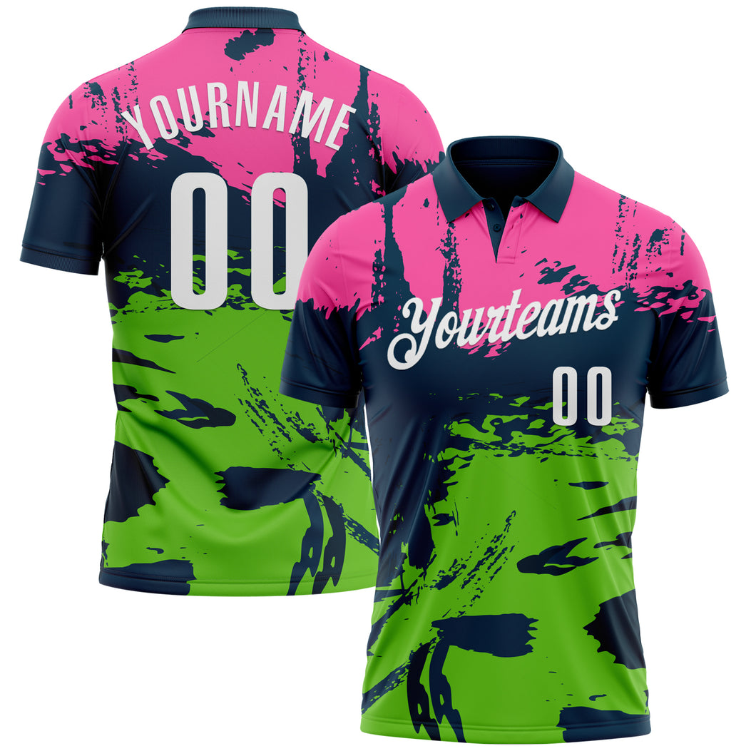 Custom Navy Pink-Aurora Green 3D Bowling Splash Ink Performance Polo Shirt