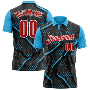 Custom Black Red-Sky Blue 3D Bowling Dot Performance Polo Shirt