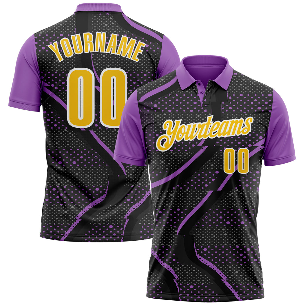 Custom Black Yellow-Medium Purple 3D Bowling Dot Performance Polo Shirt