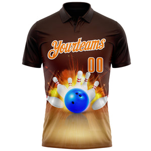 Custom Brown Bay Orange-White 3D Bowling Performance Polo Shirt