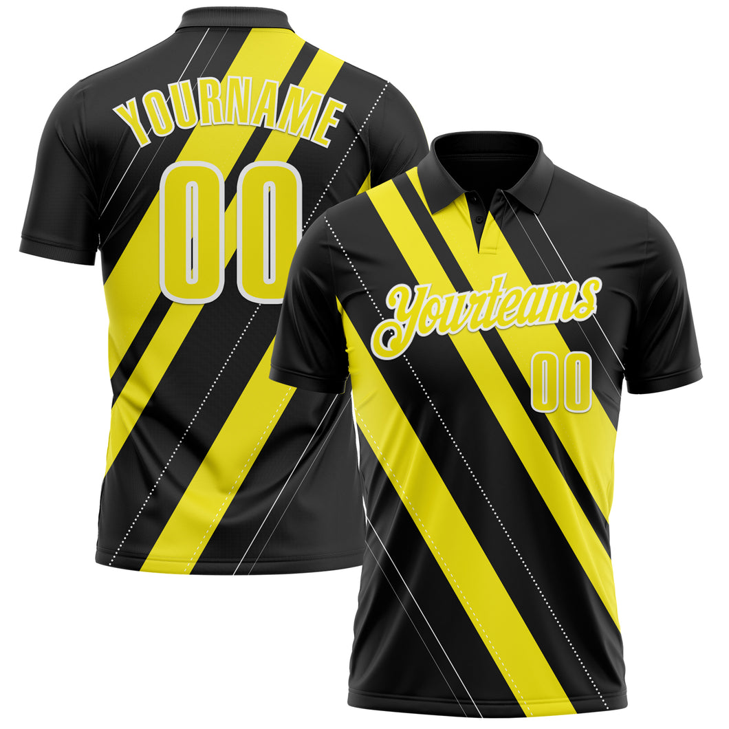 Custom Black Light Yellow-White 3D Bowling Line Shape Performance Polo Shirt