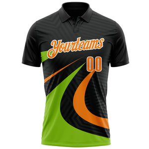 Custom Black Bay Orange-Neon Green 3D Bowling Geometric Shape Performance Polo Shirt