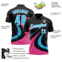 Laden Sie das Bild in den Galerie-Viewer, Custom Black Sky Blue-Pink 3D Bowling Geometric Shape Performance Polo Shirt
