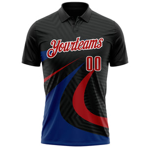 Custom Black Red-Royal 3D Bowling Geometric Shape Performance Polo Shirt