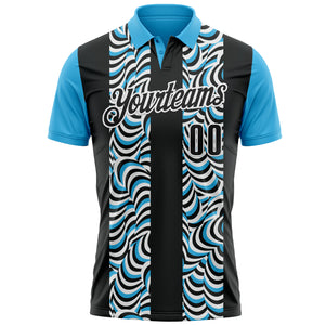 Custom Black Sky Blue-White 3D Bowling Geometric Shape Performance Polo Shirt