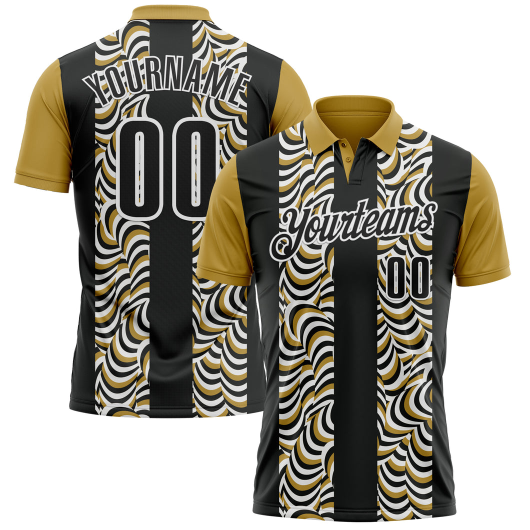 Custom Black Old Gold-White 3D Bowling Geometric Shape Performance Polo Shirt