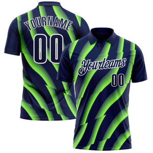 Custom Navy Neon Green-White 3D Bowling Geometric Shape Performance Polo Shirt