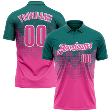 Custom Teal Pink-White 3D Pattern Design Gradient Square Shape Performance Polo Shirt