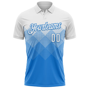 Custom White Powder Blue 3D Pattern Design Gradient Square Shape Performance Polo Shirt