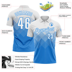 Custom White Powder Blue 3D Pattern Design Gradient Square Shape Performance Polo Shirt