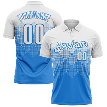 Custom White Powder Blue 3D Pattern Design Gradient Square Shape Performance Polo Shirt