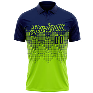 Custom Navy Neon Green 3D Pattern Design Gradient Square Shape Performance Polo Shirt