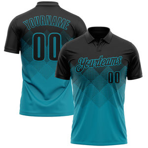 Custom Black Teal 3D Pattern Design Gradient Square Shape Performance Polo Shirt