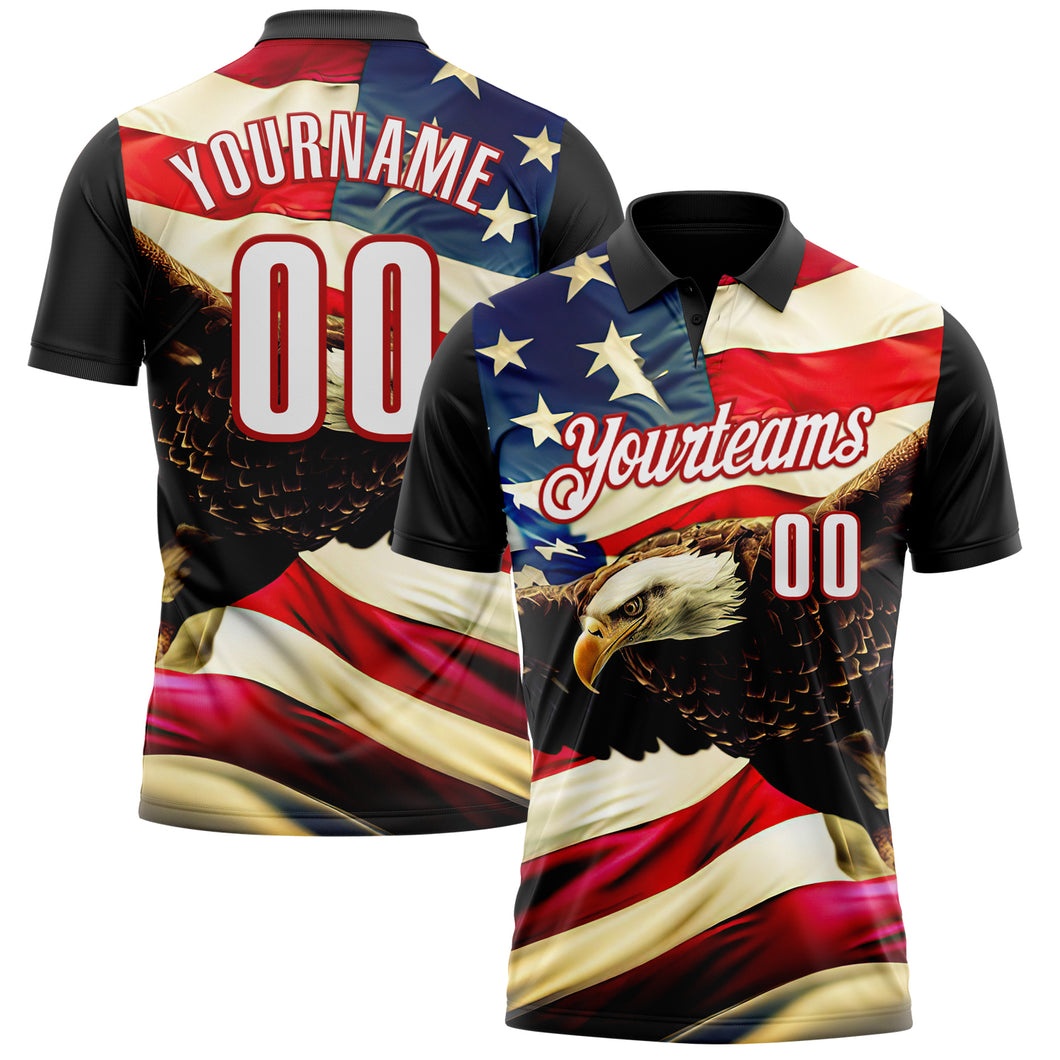 Custom Black White Red 3D Bowling American Flag Eagle Performance Polo Shirt