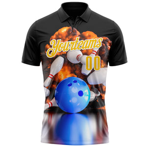 Custom Black Yellow-White 3D Bowling Burning Flame Performance Polo Shirt