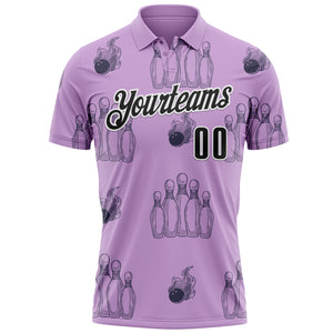 Custom Light Purple Black-White 3D Bowling Flaming Ball Performance Polo Shirt