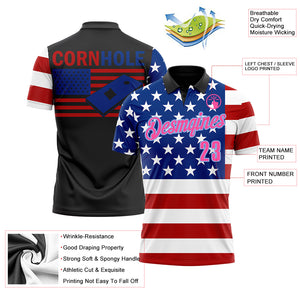 Custom Black Pink Light Blue Red-Royal 3D Cornhole American Flag Performance Polo Shirt