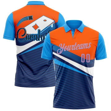 Custom Orange Light Purple Powder Blue-Navy 3D Cornhole Performance Polo Shirt