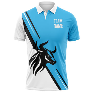 Custom Sky Blue White-Black 3D Pattern Design Animal Bull Performance Polo Shirt