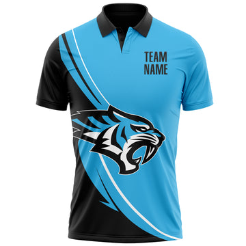 Custom Sky Blue Black-White 3D Pattern Design Animal Tiger Performance Polo Shirt