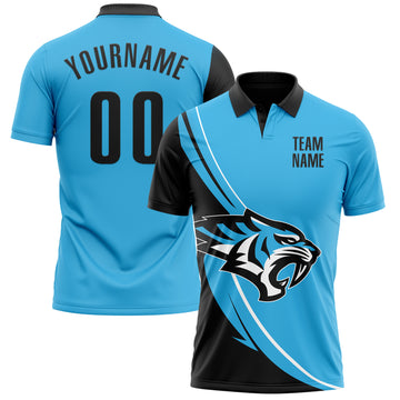 Custom Sky Blue Black-White 3D Pattern Design Animal Tiger Performance Polo Shirt