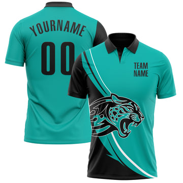 Custom Aqua Black-White 3D Pattern Design Animal Leopard Performance Polo Shirt