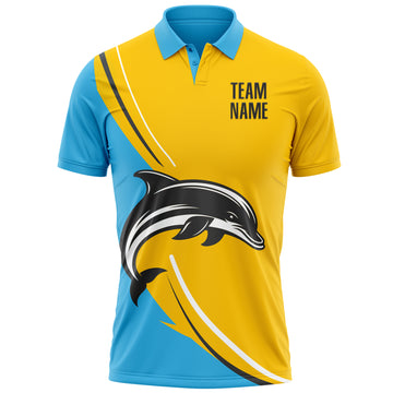 Custom Yellow Black-Sky Blue 3D Pattern Design Animal Dolphin Performance Polo Shirt