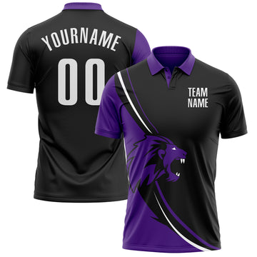 Custom Black White-Purple 3D Pattern Design Animal Lion Performance Polo Shirt