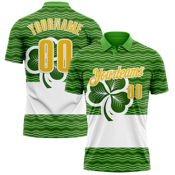 Custom Green Yellow-White 3D St. Patrick's Day Shamrock Performance Polo Shirt