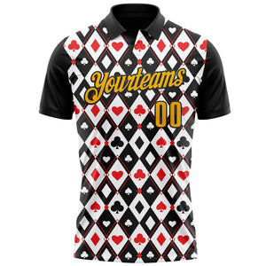 Custom Black Gold-White 3D Gambling Poker Performance Polo Shirt