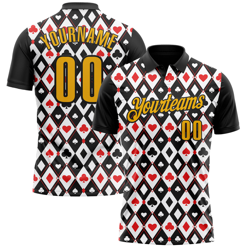 Custom Black Gold-White 3D Gambling Poker Performance Polo Shirt