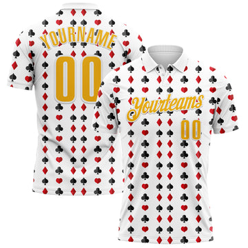 Custom White Gold 3D Gambling Poker Performance Polo Shirt